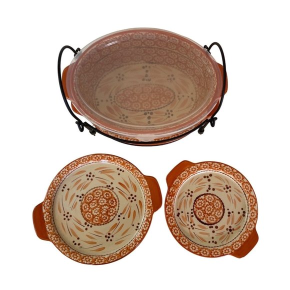 Casserole Trivet Dish 3 Plates Metal Stand 6pc Temptations by Tara Old World 2 - Picture 2 of 13